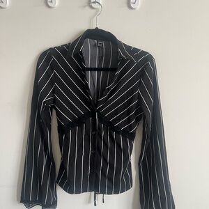 Dainty Black Pinstripe Blouse with Lace Trim & Waist Tie – Feminine Workwear
